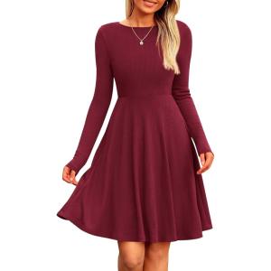 PRETTYGARDEN Women’s Fall Short Dress Ribbed Knit Crewneck Long Sleeve A Line Flowy Casual Elegant Going Out Winter Dresses(Wine Red)