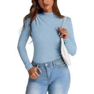 PRETTYGARDEN Womens Fall Y2K Going Out Crop Tops Long Sleeve Mock Neck Ruched Slim Fitted Basic Trendy Casual T Shirts Blouse (Blue,Medium)