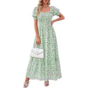 PRETTYGARDEN Women’s Floral Boho Maxi Dresses Flowy Short Sleeve A Line Smocked Eyelet 2026 Summer Beach Vacation Clothes(Floral Light Green)