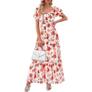 PRETTYGARDEN Women’s Floral Boho Maxi Dresses Flowy Short Sleeve A Line Smocked Eyelet 2026 Summer Beach Vacation Clothes(Floral Orange Red)