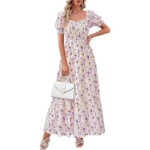 PRETTYGARDEN Women’s Floral Boho Maxi Dresses Flowy Short Sleeve A Line Smocked Eyelet 2026 Summer Beach Vacation Clothes(Floral Purple)