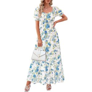 PRETTYGARDEN Women’s Floral Boho Maxi Dresses Flowy Short Sleeve A Line Smocked Eyelet 2026 Summer Beach Vacation Clothes(Floral White Blue)