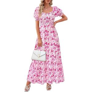 PRETTYGARDEN Women’s Floral Boho Maxi Dresses Flowy Short Sleeve A Line Smocked Eyelet 2026 Summer Beach Vacation Clothes(Leaves Pink)