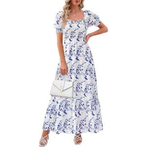 PRETTYGARDEN Women’s Floral Boho Maxi Dresses Flowy Short Sleeve A Line Smocked Eyelet 2026 Summer Beach Vacation Clothes(Leaves Sky Blue)