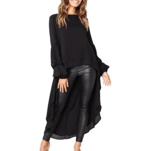 PRETTYGARDEN Women’s Lantern Long Sleeve Round Neck High Low Asymmetrical Irregular Hem Casual Tops Blouse Shirt Dress(Black)
