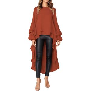 PRETTYGARDEN Women’s Lantern Long Sleeve Round Neck High Low Asymmetrical Irregular Hem Casual Tops Blouse Shirt Dress(Brick Red)