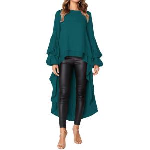 PRETTYGARDEN Women’s Lantern Long Sleeve Round Neck High Low Asymmetrical Irregular Hem Casual Tops Blouse Shirt Dress(Dark Green)