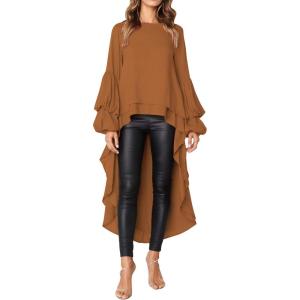 PRETTYGARDEN Women’s Lantern Long Sleeve Round Neck High Low Asymmetrical Irregular Hem Casual Tops Blouse Shirt Dress(Khaki)