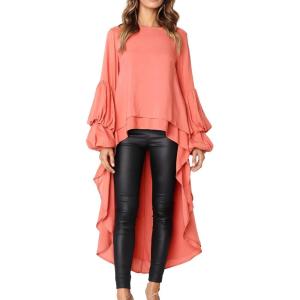 PRETTYGARDEN Women’s Lantern Long Sleeve Round Neck High Low Asymmetrical Irregular Hem Casual Tops Blouse Shirt Dress(Orange)