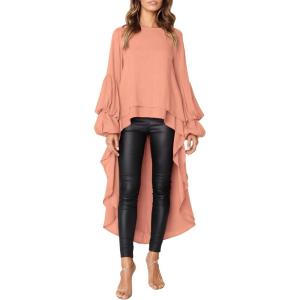 PRETTYGARDEN Women’s Lantern Long Sleeve Round Neck High Low Asymmetrical Irregular Hem Casual Tops Blouse Shirt Dress(Pink)