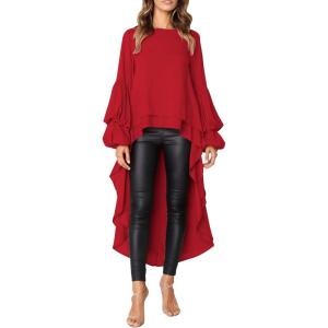 PRETTYGARDEN Women’s Lantern Long Sleeve Round Neck High Low Asymmetrical Irregular Hem Casual Tops Blouse Shirt Dress(Red)