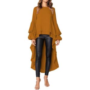 PRETTYGARDEN Women’s Lantern Long Sleeve Round Neck High Low Asymmetrical Irregular Hem Casual Tops Blouse Shirt Dress(Yellow)