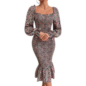 PRETTYGARDEN Women’s Long Puff Sleeve Floral Midi Bodycon Dresses Square Neck Ruffle Mermaid Smocked Dress(Black Orange)