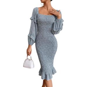 PRETTYGARDEN Women’s Long Puff Sleeve Floral Midi Bodycon Dresses Square Neck Ruffle Mermaid Smocked Dress(Blue Leopard)