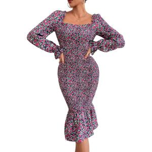 PRETTYGARDEN Women’s Long Puff Sleeve Floral Midi Bodycon Dresses Square Neck Ruffle Mermaid Smocked Dress(Blue Purple)