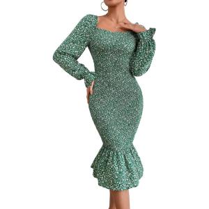 PRETTYGARDEN Women’s Long Puff Sleeve Floral Midi Bodycon Dresses Square Neck Ruffle Mermaid Smocked Dress(Green)