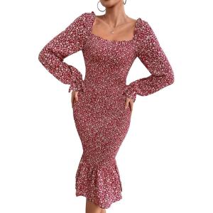PRETTYGARDEN Women’s Long Puff Sleeve Floral Midi Bodycon Dresses Square Neck Ruffle Mermaid Smocked Dress(Red)