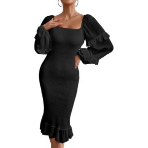 PRETTYGARDEN Women’s Long Puff Sleeve Floral Midi Bodycon Dresses Square Neck Ruffle Mermaid Smocked Dress(Solid Black)