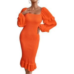PRETTYGARDEN Women’s Long Puff Sleeve Floral Midi Bodycon Dresses Square Neck Ruffle Mermaid Smocked Dress(Solid Orange)