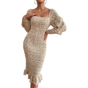 PRETTYGARDEN Women’s Long Puff Sleeve Floral Midi Bodycon Dresses Square Neck Ruffle Mermaid Smocked Dress(White Yellow)