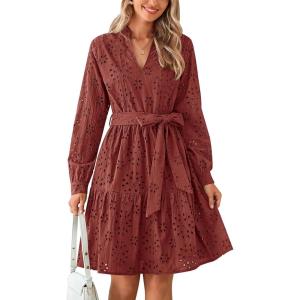 PRETTYGARDEN Women’s Long Sleeve Spring Dress 2025 Casual Fall V Neck A Line Hollow Out Eyelet Wedding Guest Short Dresses(Brown Red)