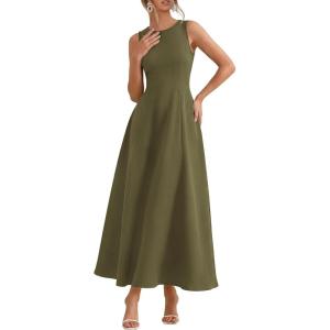PRETTYGARDEN Women’s Maxi Dress Summer Wedding Guest 2026 Spring A Line Long Tank Flowy Modest Sleeveless Cocktail Dresses(Army Green)