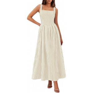 PRETTYGARDEN Women’s Maxi Striped Dress 2026 Summer Sleeveless Square Neck Smocked A Line Long Flowy Spring Vacation Sundress(Beige Striped)
