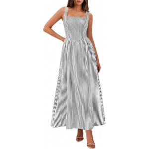 PRETTYGARDEN Women’s Maxi Striped Dress 2026 Summer Sleeveless Square Neck Smocked A Line Long Flowy Spring Vacation Sundress(Black Striped)