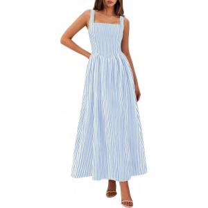 PRETTYGARDEN Women’s Maxi Striped Dress 2026 Summer Sleeveless Square Neck Smocked A Line Long Flowy Spring Vacation Sundress(Blue Striped)