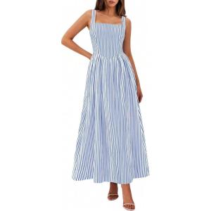 PRETTYGARDEN Women’s Maxi Striped Dress 2026 Summer Sleeveless Square Neck Smocked A Line Long Flowy Spring Vacation Sundress(Dark Blue Striped)
