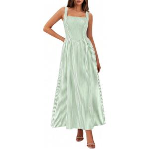 PRETTYGARDEN Women’s Maxi Striped Dress 2026 Summer Sleeveless Square Neck Smocked A Line Long Flowy Spring Vacation Sundress(Green Striped)