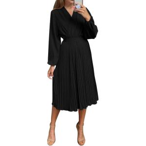 PRETTYGARDEN Women’s Spring Midi Dress Long Puff Sleeve Wrap V Neck Flowy Ruffle Pleated Casual Fall Dresses(Black)