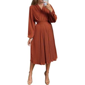 PRETTYGARDEN Women’s Spring Midi Dress Long Puff Sleeve Wrap V Neck Flowy Ruffle Pleated Casual Fall Dresses(Brick Red)