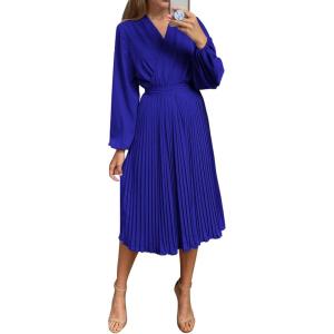 PRETTYGARDEN Women’s Spring Midi Dress Long Puff Sleeve Wrap V Neck Flowy Ruffle Pleated Casual Fall Dresses(Bright Blue)