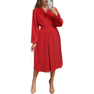 PRETTYGARDEN Women’s Spring Midi Dress Long Puff Sleeve Wrap V Neck Flowy Ruffle Pleated Casual Fall Dresses(Bright Red)
