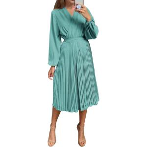 PRETTYGARDEN Women’s Spring Midi Dress Long Puff Sleeve Wrap V Neck Flowy Ruffle Pleated Casual Fall Dresses(Cyan)