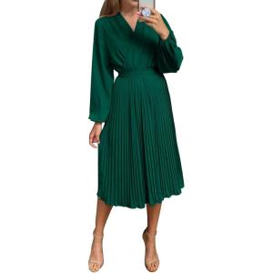 PRETTYGARDEN Women’s Spring Midi Dress Long Puff Sleeve Wrap V Neck Flowy Ruffle Pleated Casual Fall Dresses(Dark Green)