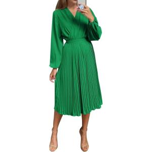 PRETTYGARDEN Women’s Spring Midi Dress Long Puff Sleeve Wrap V Neck Flowy Ruffle Pleated Casual Fall Dresses(Green)