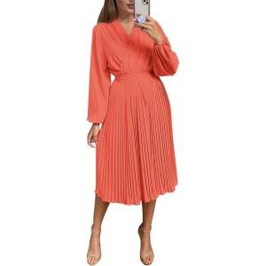 PRETTYGARDEN Women’s Spring Midi Dress Long Puff Sleeve Wrap V Neck Flowy Ruffle Pleated Casual Fall Dresses(Orange)