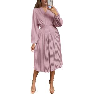 PRETTYGARDEN Women’s Spring Midi Dress Long Puff Sleeve Wrap V Neck Flowy Ruffle Pleated Casual Fall Dresses(Pink)
