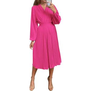 PRETTYGARDEN Women’s Spring Midi Dress Long Puff Sleeve Wrap V Neck Flowy Ruffle Pleated Casual Fall Dresses(Rose Red)