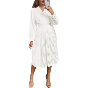 PRETTYGARDEN Women’s Spring Midi Dress Long Puff Sleeve Wrap V Neck Flowy Ruffle Pleated Casual Fall Dresses(White)