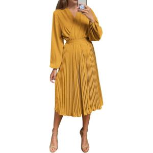 PRETTYGARDEN Women’s Spring Midi Dress Long Puff Sleeve Wrap V Neck Flowy Ruffle Pleated Casual Fall Dresses(Yellow)