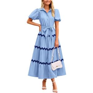 PRETTYGARDEN Women’s Summer Maxi Dress Button Down Puff Short Sleeve Ruffle Casual Elegant Long Flowy Shirt Dresses with Belt (Light Blue_Blue,Medium)