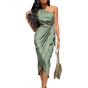 PRETTYGARDEN Women’s Summer One Shoulder Ruched Satin Dress Sleeveless Wrap Spring Wedding Guest Cocktail Midi Dress(Army Green)