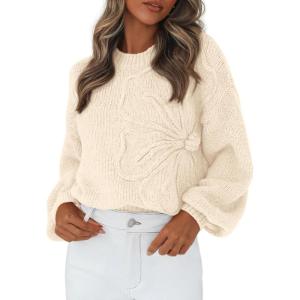 PRETTYGARDEN Womens Sweaters 2026 Fall Fashion Long Sleeve Crewneck Floral Knit Pullover Sweater Tops Winter Clothes(Beige)