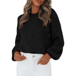 PRETTYGARDEN Womens Sweaters 2026 Fall Fashion Long Sleeve Crewneck Floral Knit Pullover Sweater Tops Winter Clothes(Black)