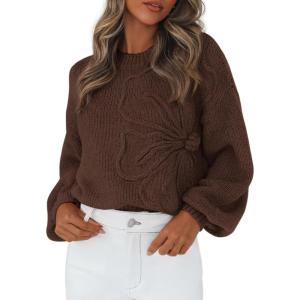 PRETTYGARDEN Womens Sweaters 2026 Fall Fashion Long Sleeve Crewneck Floral Knit Pullover Sweater Tops Winter Clothes(Brown)