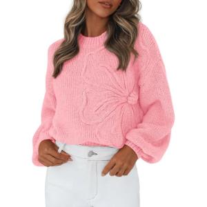 PRETTYGARDEN Womens Sweaters 2026 Fall Fashion Long Sleeve Crewneck Floral Knit Pullover Sweater Tops Winter Clothes(Pink)
