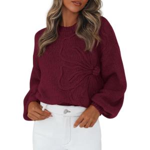 PRETTYGARDEN Womens Sweaters 2026 Fall Fashion Long Sleeve Crewneck Floral Knit Pullover Sweater Tops Winter Clothes(Wine Red)